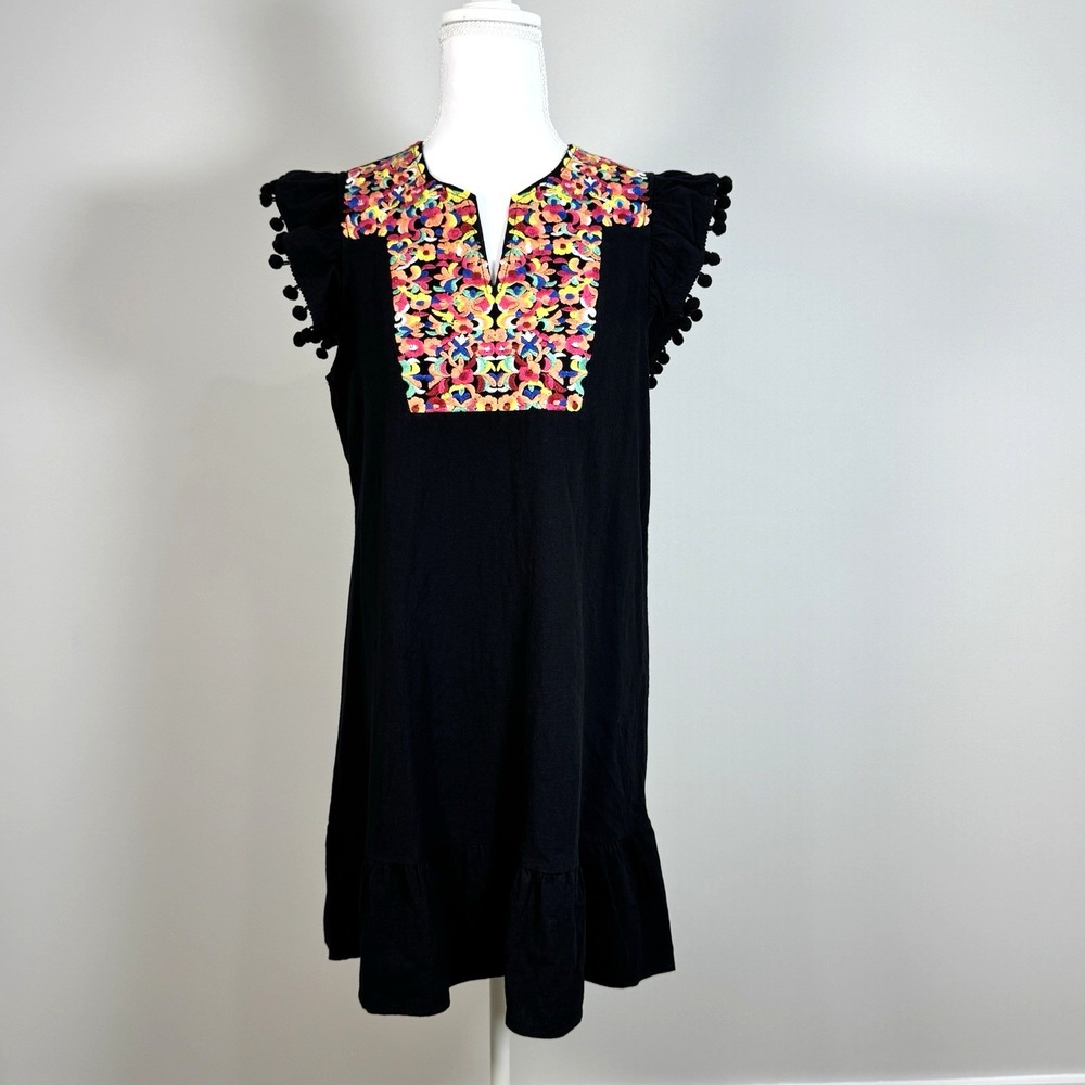 Boho Embroidered Tassel Pom Pom Dress S Black Multicolor Mexican Folk Art Resort